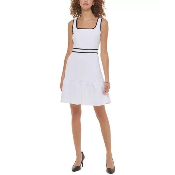 Karl Lagerfeld Paris Women's Contrast-Trim A-Line Dress, White, 6 - Picture 1 of 4